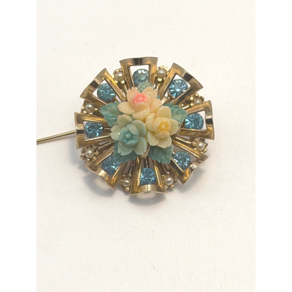Vintage Coro Gold Tone Floral Brooch Blue Rhinestone Faux Pearl Pastel Flowers